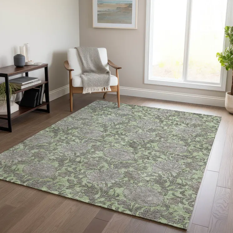 3' X 5' Artichoke Green Gray And Taupe Floral Washable Indoor Outdoor Area Rug
