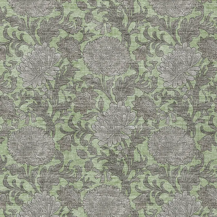5' X 8' Artichoke Green Gray And Taupe Floral Washable Indoor Outdoor Area Rug