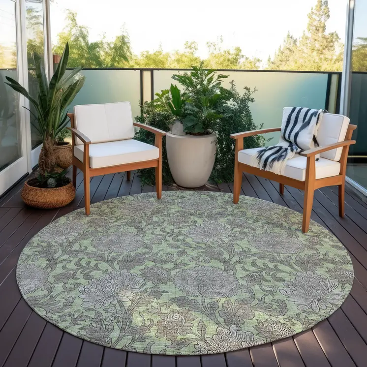 8' Artichoke Green Gray And Taupe Round Floral Washable Indoor Outdoor Area Rug