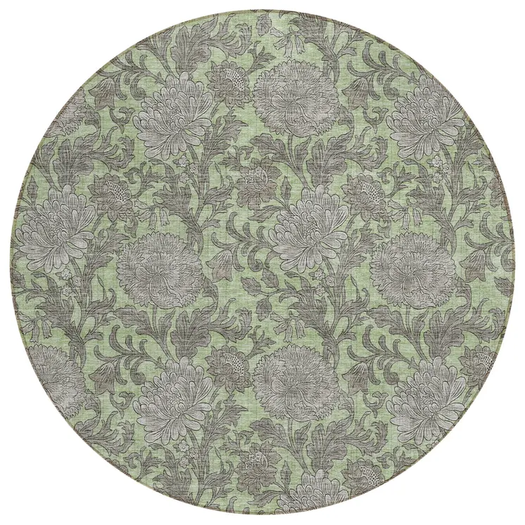 8' Artichoke Green Gray And Taupe Round Floral Washable Indoor Outdoor Area Rug