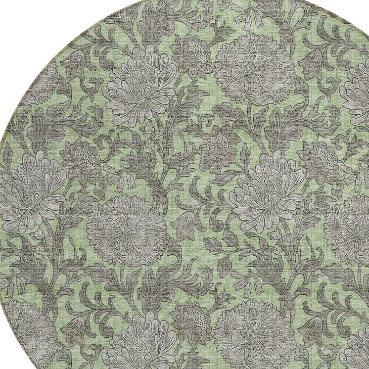 8' Artichoke Green Gray And Taupe Round Floral Washable Indoor Outdoor Area Rug