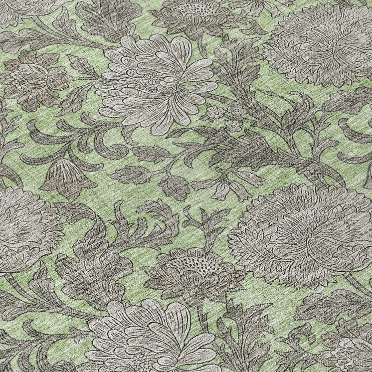8' Artichoke Green Gray And Taupe Round Floral Washable Indoor Outdoor Area Rug