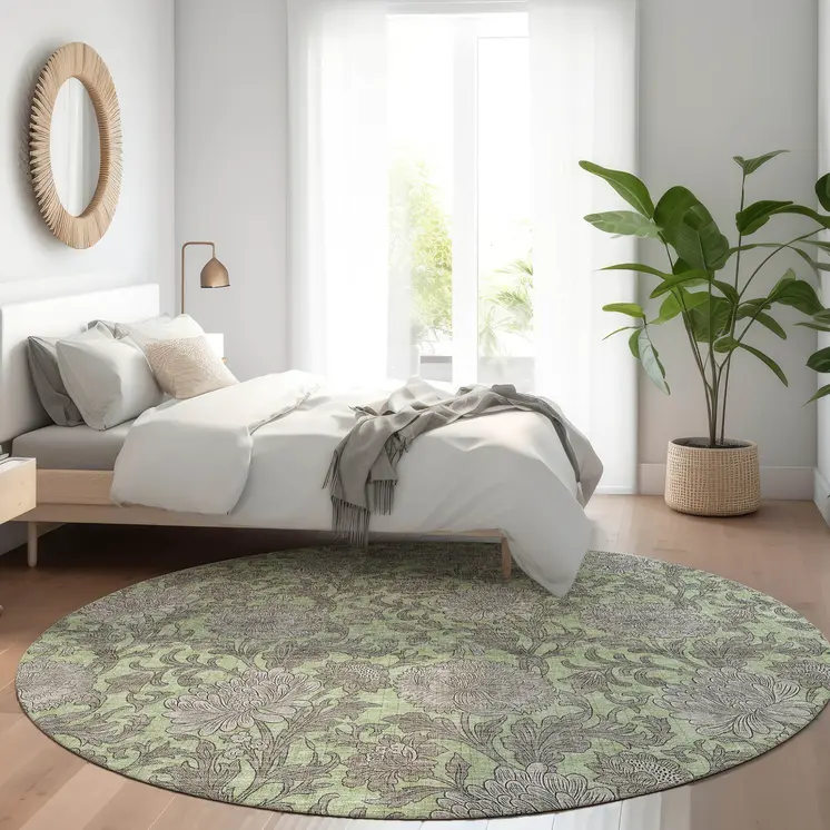 8' Artichoke Green Gray And Taupe Round Floral Washable Indoor Outdoor Area Rug
