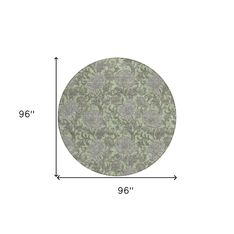 8' Artichoke Green Gray And Taupe Round Floral Washable Indoor Outdoor Area Rug