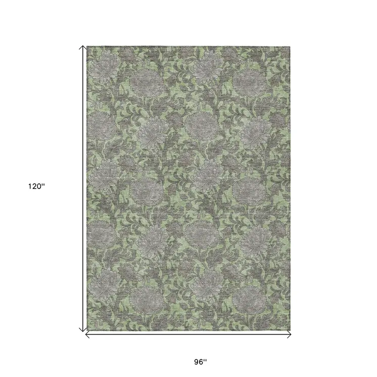 8' X 10' Artichoke Green Gray And Taupe Floral Washable Indoor Outdoor Area Rug