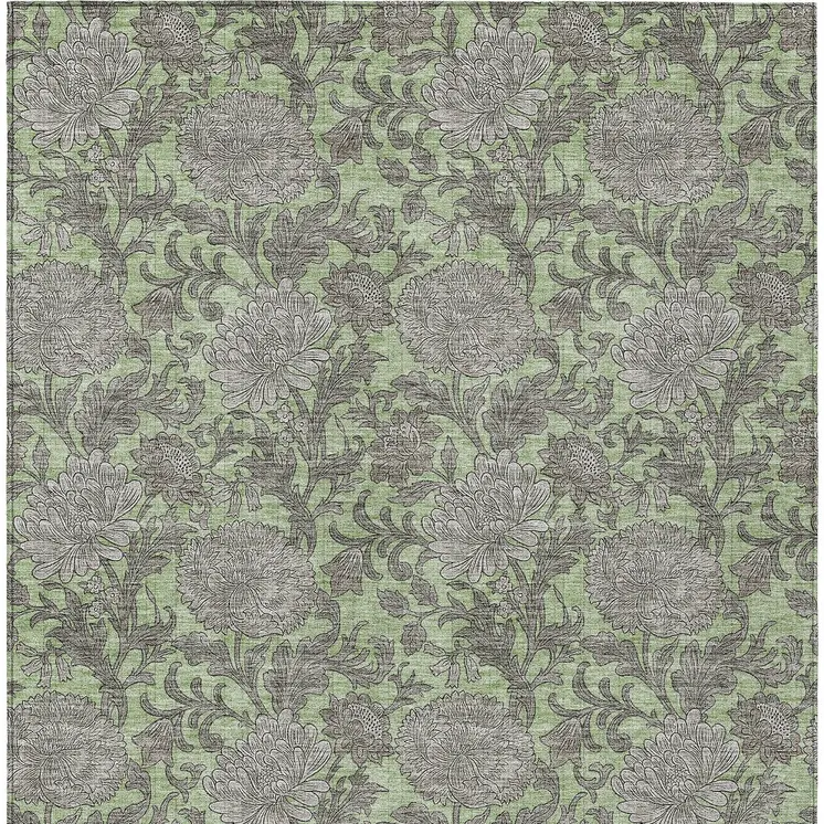 10' X 14' Artichoke Green Gray And Taupe Floral Washable Indoor Outdoor Area Rug