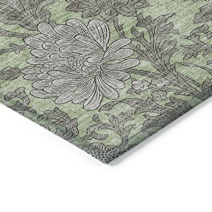 10' X 14' Artichoke Green Gray And Taupe Floral Washable Indoor Outdoor Area Rug
