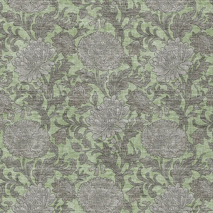 10' X 14' Artichoke Green Gray And Taupe Floral Washable Indoor Outdoor Area Rug