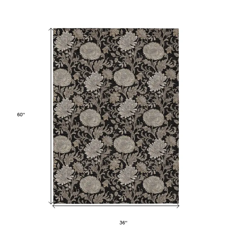 3' X 5' Black Taupe And Beige Floral Washable Indoor Outdoor Area Rug