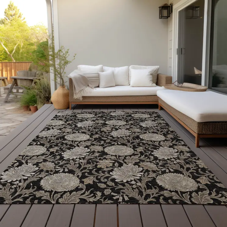 3' X 5' Black Taupe And Beige Floral Washable Indoor Outdoor Area Rug