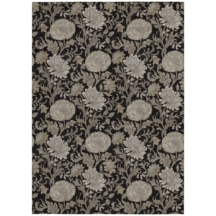 3' X 5' Black Taupe And Beige Floral Washable Indoor Outdoor Area Rug
