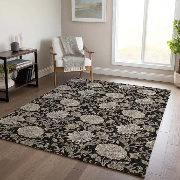 3' X 5' Black Taupe And Beige Floral Washable Indoor Outdoor Area Rug
