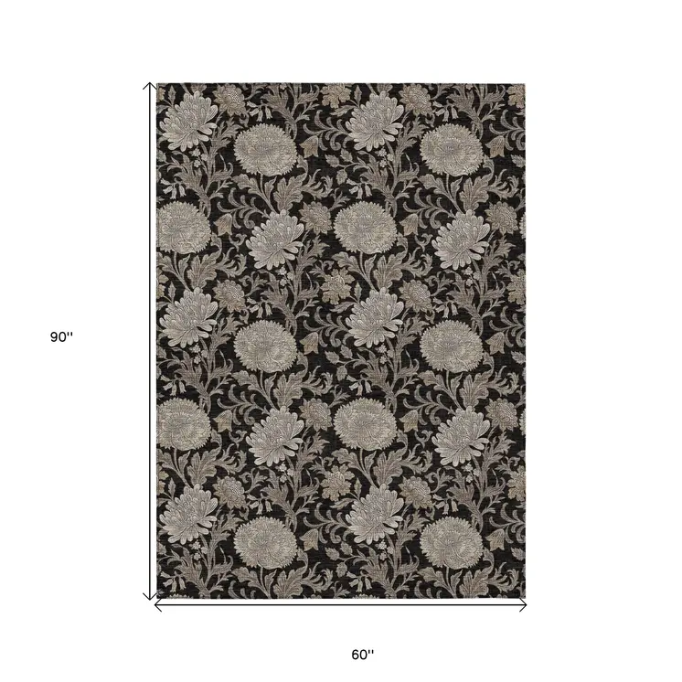 5' X 8' Black Taupe And Beige Floral Washable Indoor Outdoor Area Rug