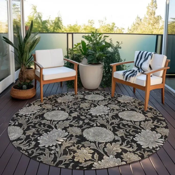 8' Black Taupe And Beige Round Floral Washable Indoor Outdoor Area Rug