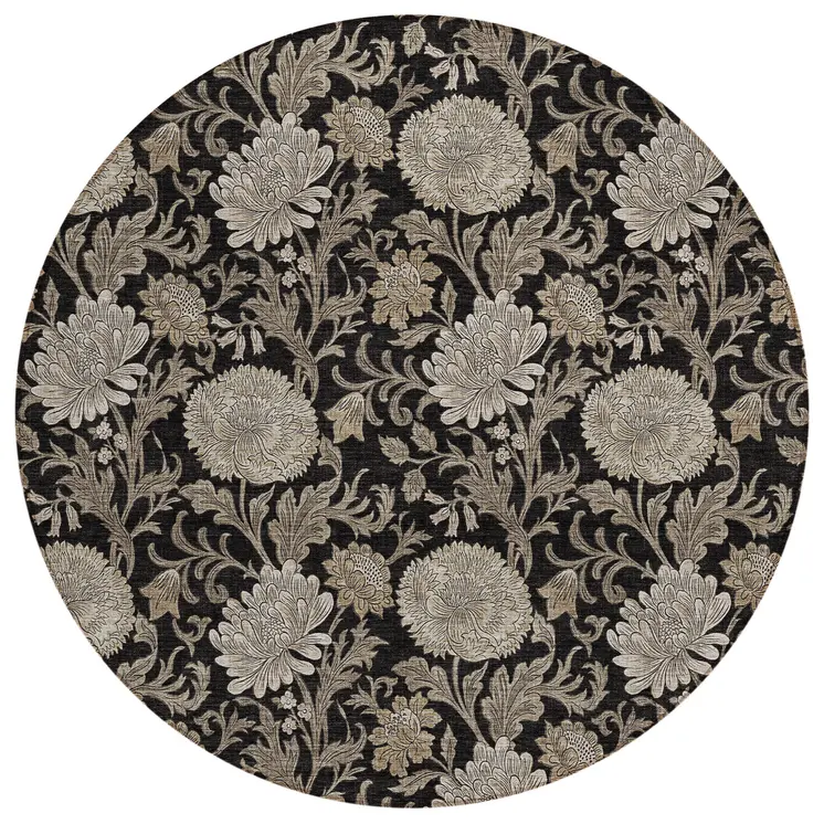 8' Black Taupe And Beige Round Floral Washable Indoor Outdoor Area Rug