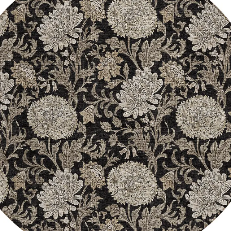 8' Black Taupe And Beige Round Floral Washable Indoor Outdoor Area Rug