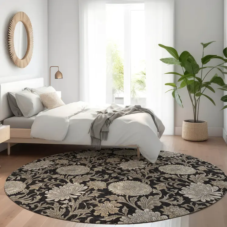 8' Black Taupe And Beige Round Floral Washable Indoor Outdoor Area Rug