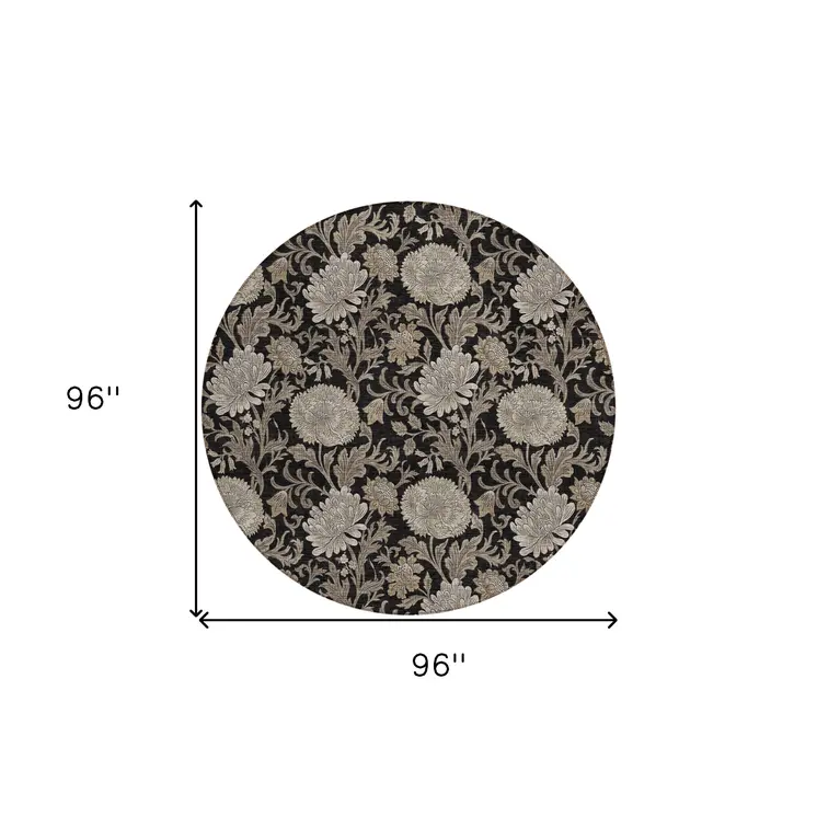 8' Black Taupe And Beige Round Floral Washable Indoor Outdoor Area Rug