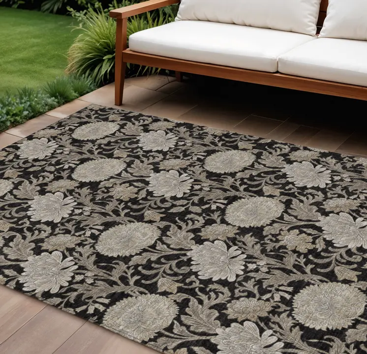 9' X 12' Black Taupe And Beige Floral Washable Indoor Outdoor Area Rug