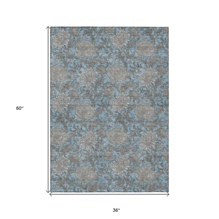 3' X 5' Blue Gray And Silver Floral Washable Indoor Outdoor Area Rug