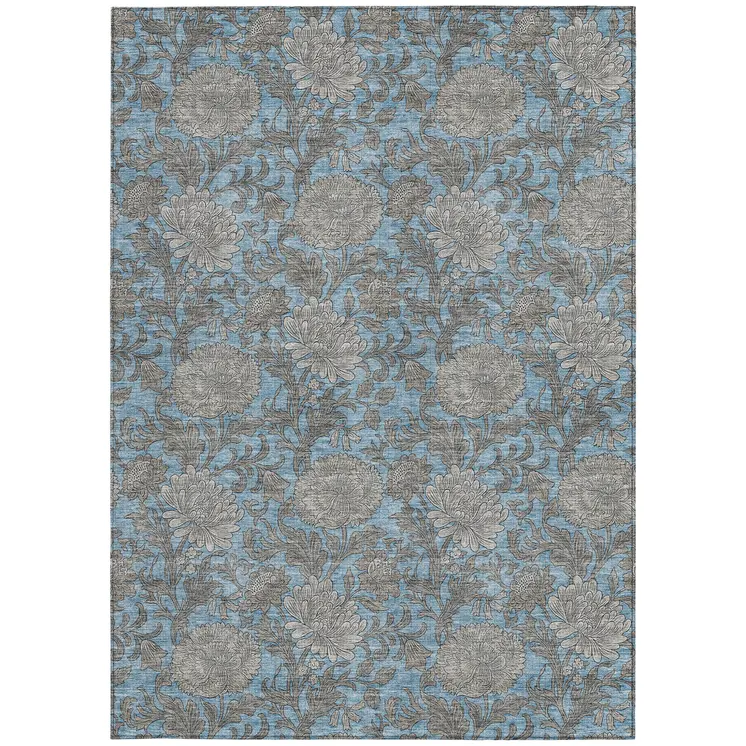 9' X 12' Blue Gray And Silver Floral Washable Indoor Outdoor Area Rug
