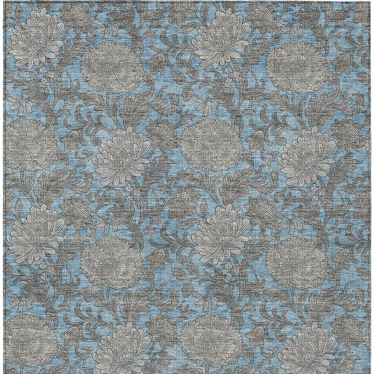 10' X 14' Blue Gray And Silver Floral Washable Indoor Outdoor Area Rug