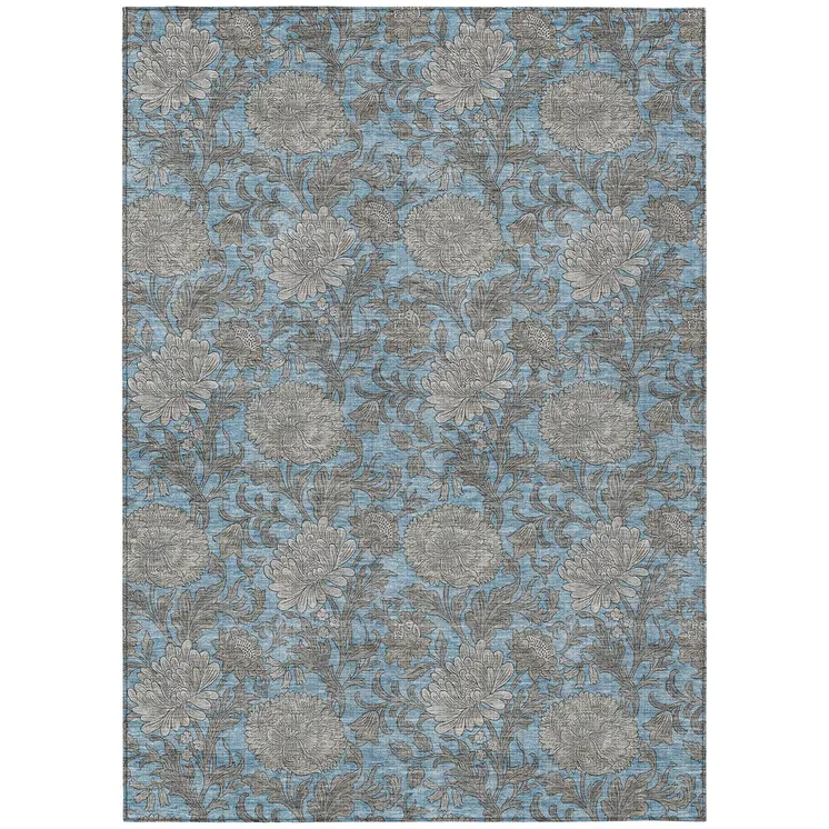 10' X 14' Blue Gray And Silver Floral Washable Indoor Outdoor Area Rug