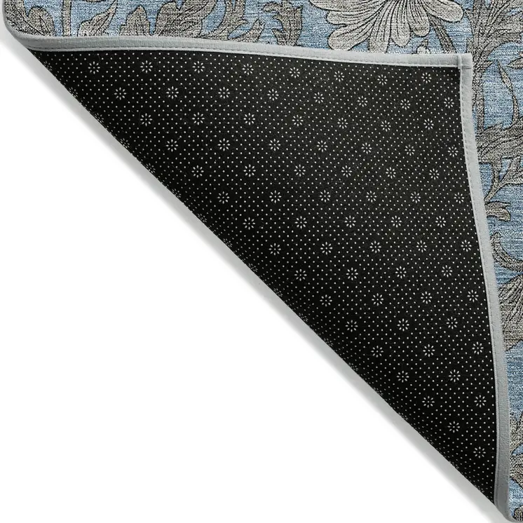 10' X 14' Blue Gray And Silver Floral Washable Indoor Outdoor Area Rug
