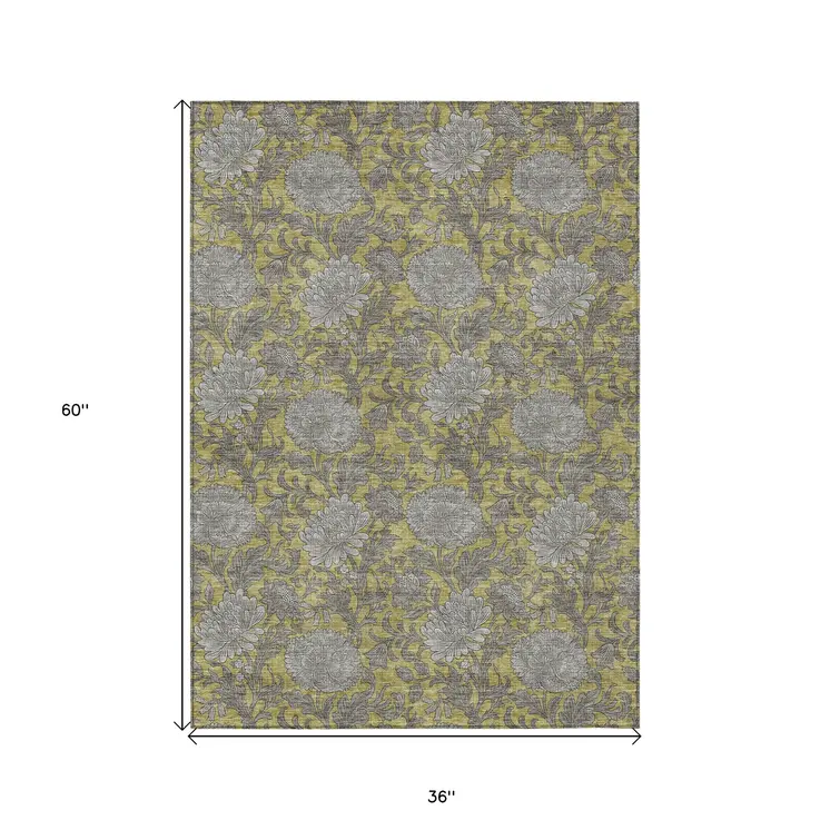 3' X 5' Gold Gray And Charcoal Floral Washable Indoor Outdoor Area Rug