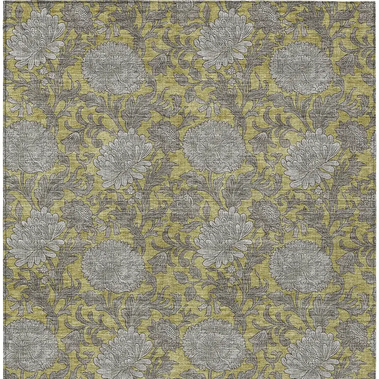 5' X 8' Gold Gray And Charcoal Floral Washable Indoor Outdoor Area Rug