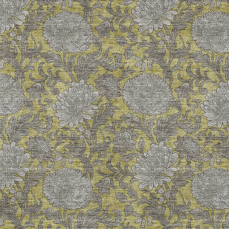 5' X 8' Gold Gray And Charcoal Floral Washable Indoor Outdoor Area Rug
