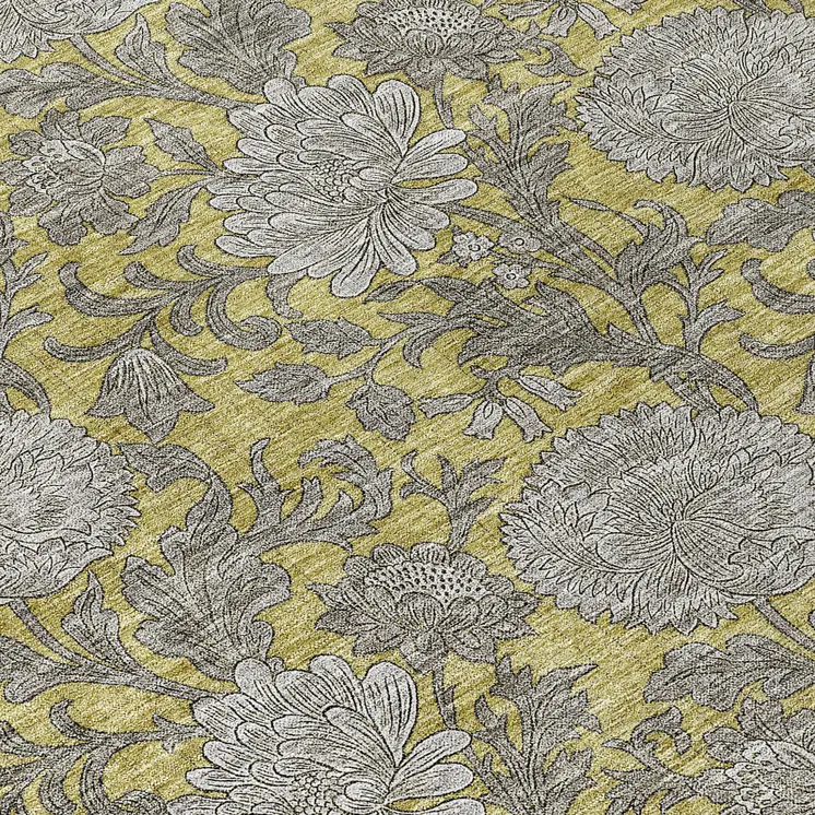 5' X 8' Gold Gray And Charcoal Floral Washable Indoor Outdoor Area Rug