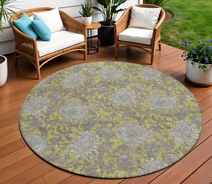 8' Gold Gray And Charcoal Round Floral Washable Indoor Outdoor Area Rug
