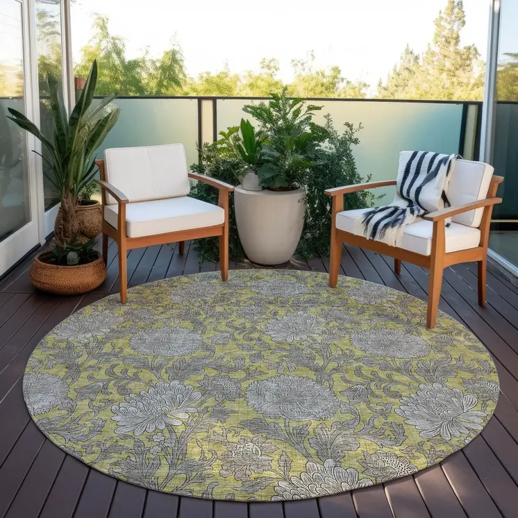 8' Gold Gray And Charcoal Round Floral Washable Indoor Outdoor Area Rug