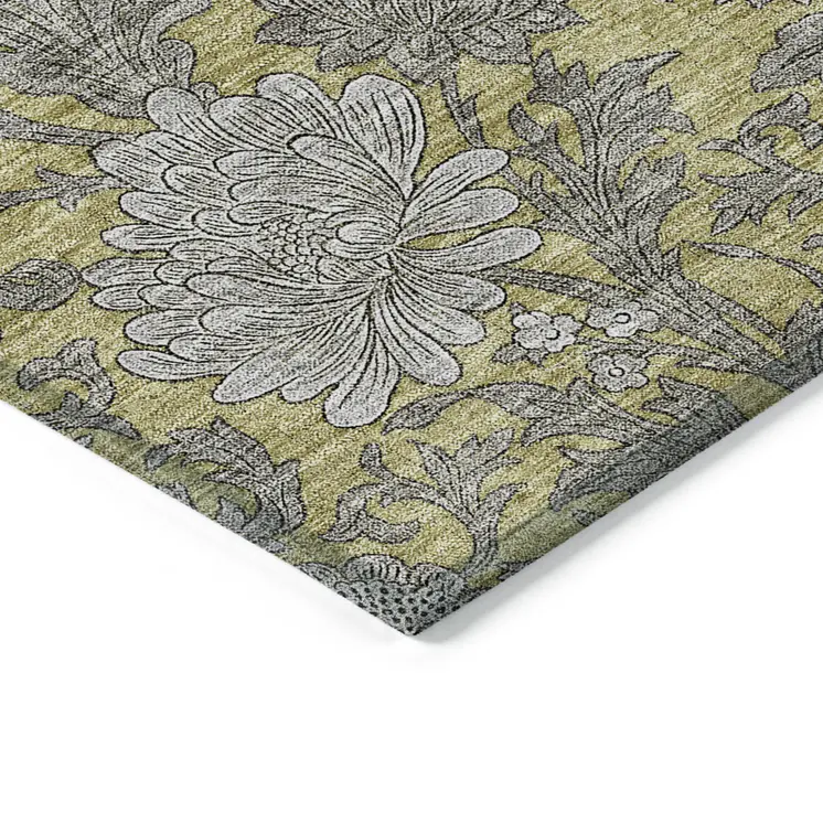 8' Gold Gray And Charcoal Round Floral Washable Indoor Outdoor Area Rug