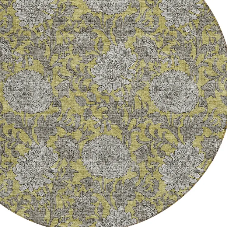 8' Gold Gray And Charcoal Round Floral Washable Indoor Outdoor Area Rug
