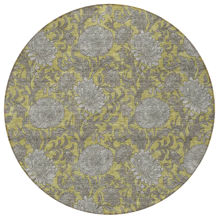 8' Gold Gray And Charcoal Round Floral Washable Indoor Outdoor Area Rug
