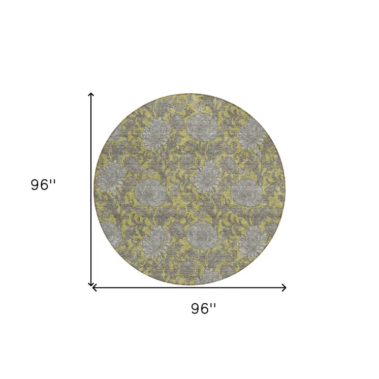 8' Gold Gray And Charcoal Round Floral Washable Indoor Outdoor Area Rug