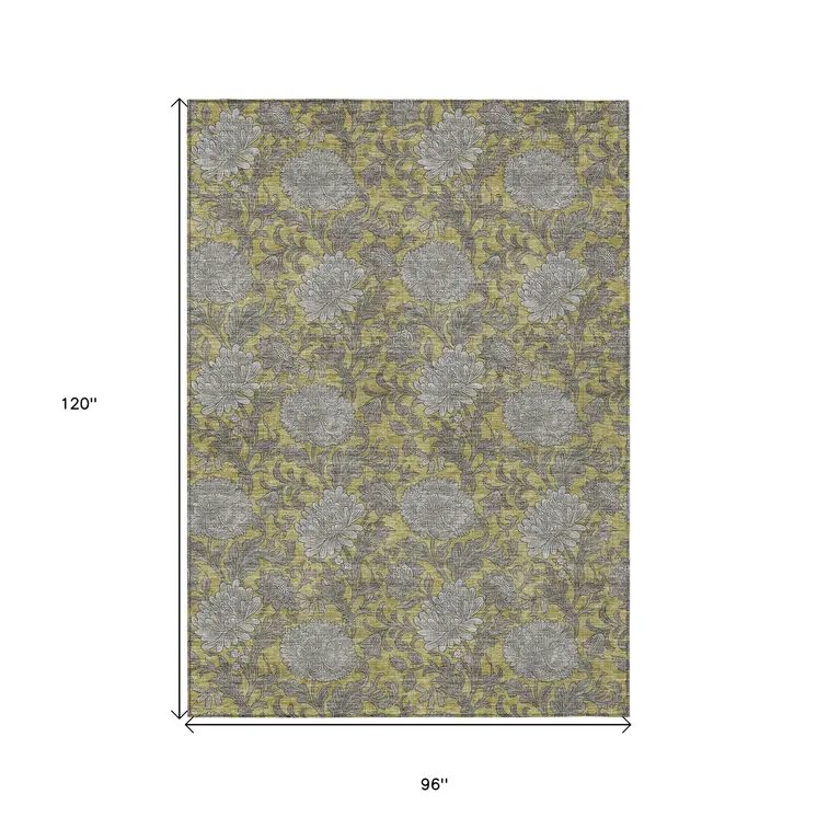 8' X 10' Gold Gray And Charcoal Floral Washable Indoor Outdoor Area Rug