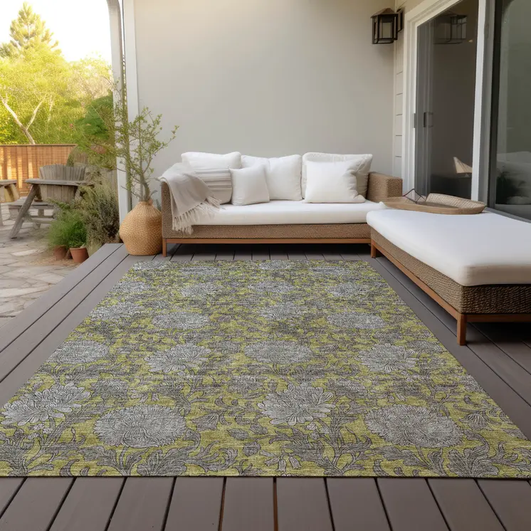 8' X 10' Gold Gray And Charcoal Floral Washable Indoor Outdoor Area Rug