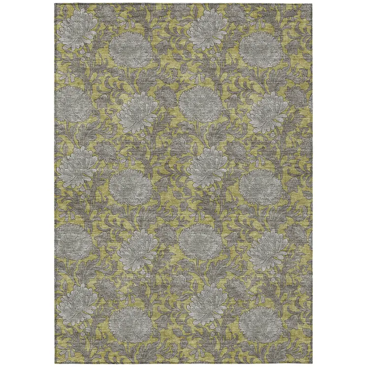 8' X 10' Gold Gray And Charcoal Floral Washable Indoor Outdoor Area Rug