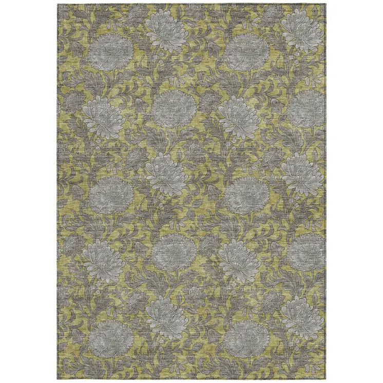 8' X 10' Gold Gray And Charcoal Floral Washable Indoor Outdoor Area Rug
