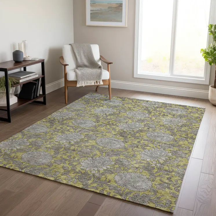8' X 10' Gold Gray And Charcoal Floral Washable Indoor Outdoor Area Rug