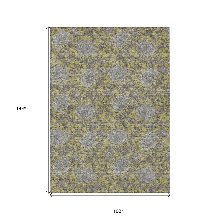 9' X 12' Gold Gray And Charcoal Floral Washable Indoor Outdoor Area Rug