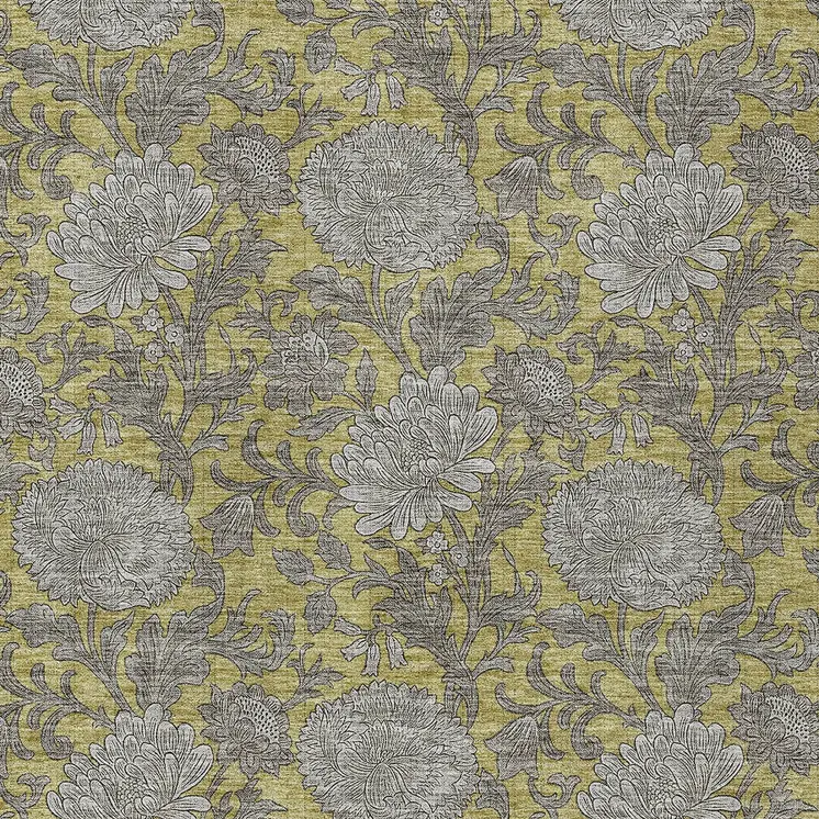 9' X 12' Gold Gray And Charcoal Floral Washable Indoor Outdoor Area Rug