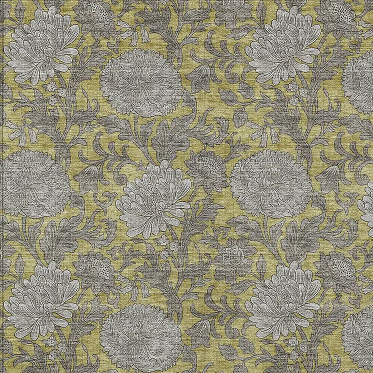 10' X 14' Gold Gray And Charcoal Floral Washable Indoor Outdoor Area Rug