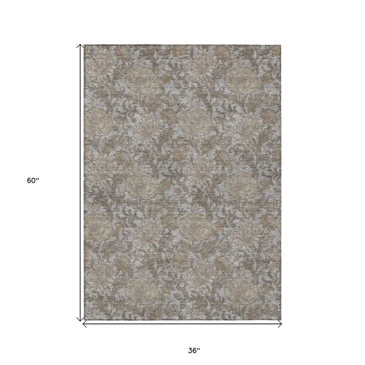 3' X 5' Gray Silver And Taupe Floral Washable Indoor Outdoor Area Rug