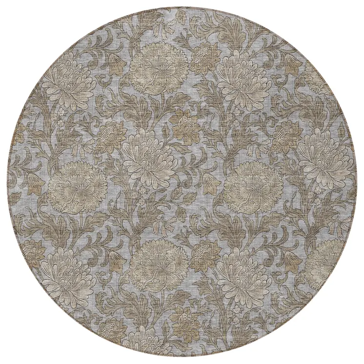 8' Gray Silver And Taupe Round Floral Washable Indoor Outdoor Area Rug