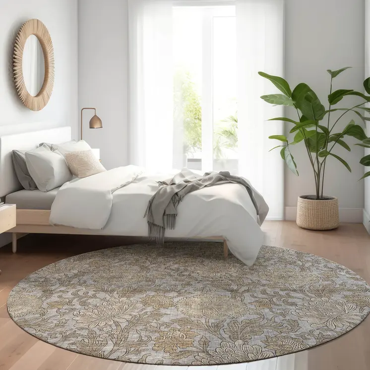 8' Gray Silver And Taupe Round Floral Washable Indoor Outdoor Area Rug