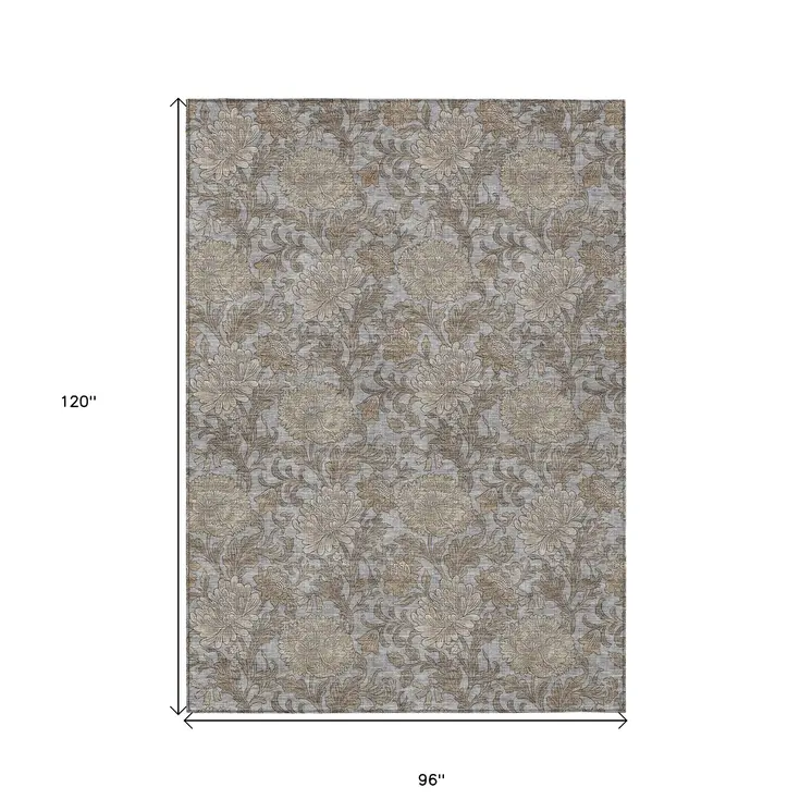 8' X 10' Gray Silver And Taupe Floral Washable Indoor Outdoor Area Rug
